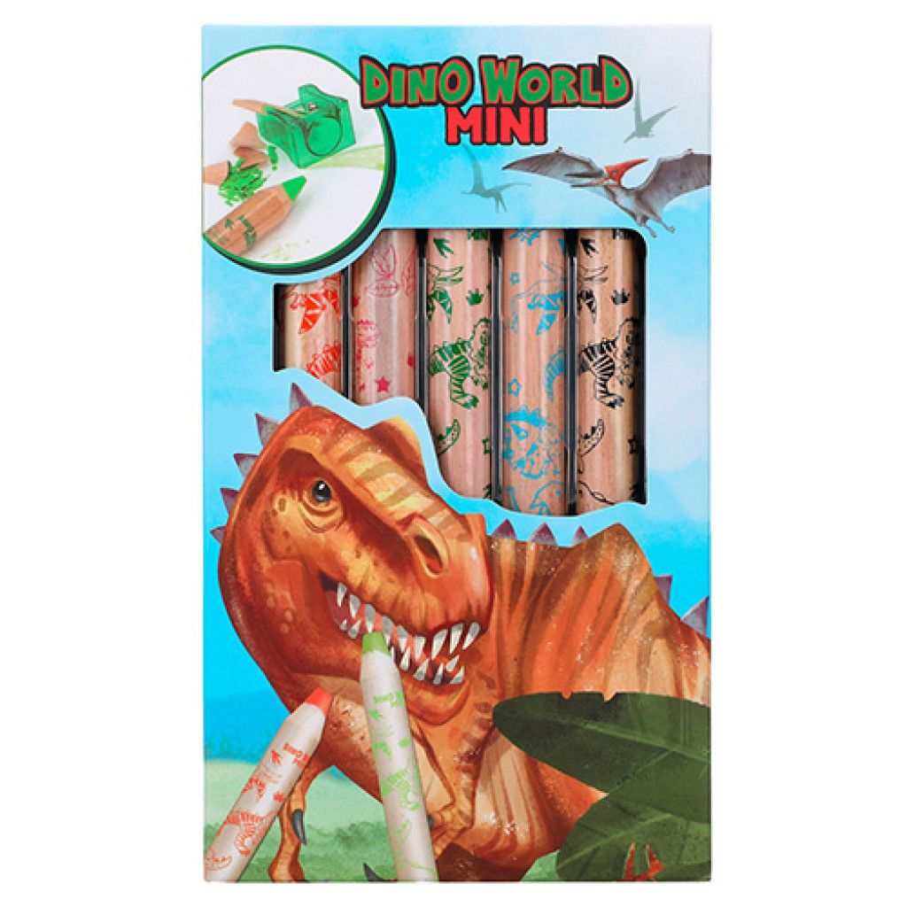 Dino World Sada pastelek a ořezávátka, 5 pastelek + 1 ořezávátko