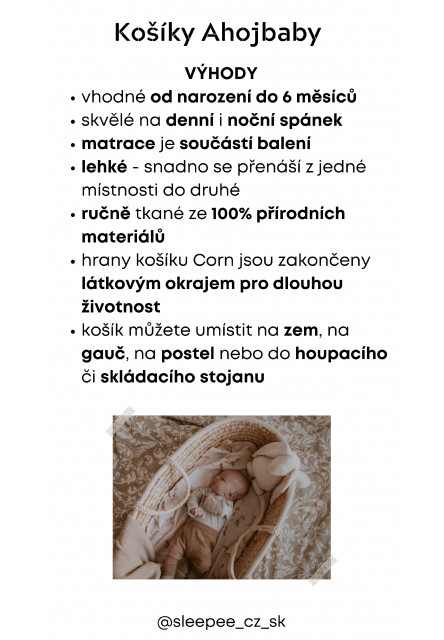 Ahojbaby Mojžíšův košík pro miminko Corn Natural + matrace Basic